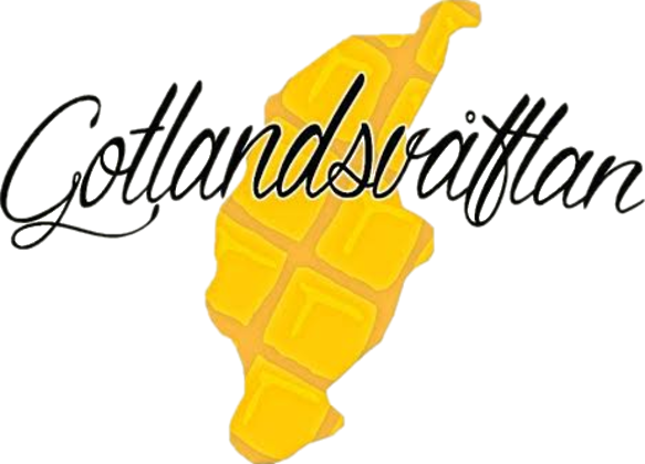 Gotlandsvåfflans logotyp: svart handstil över en gul Gotlandsformad våffla